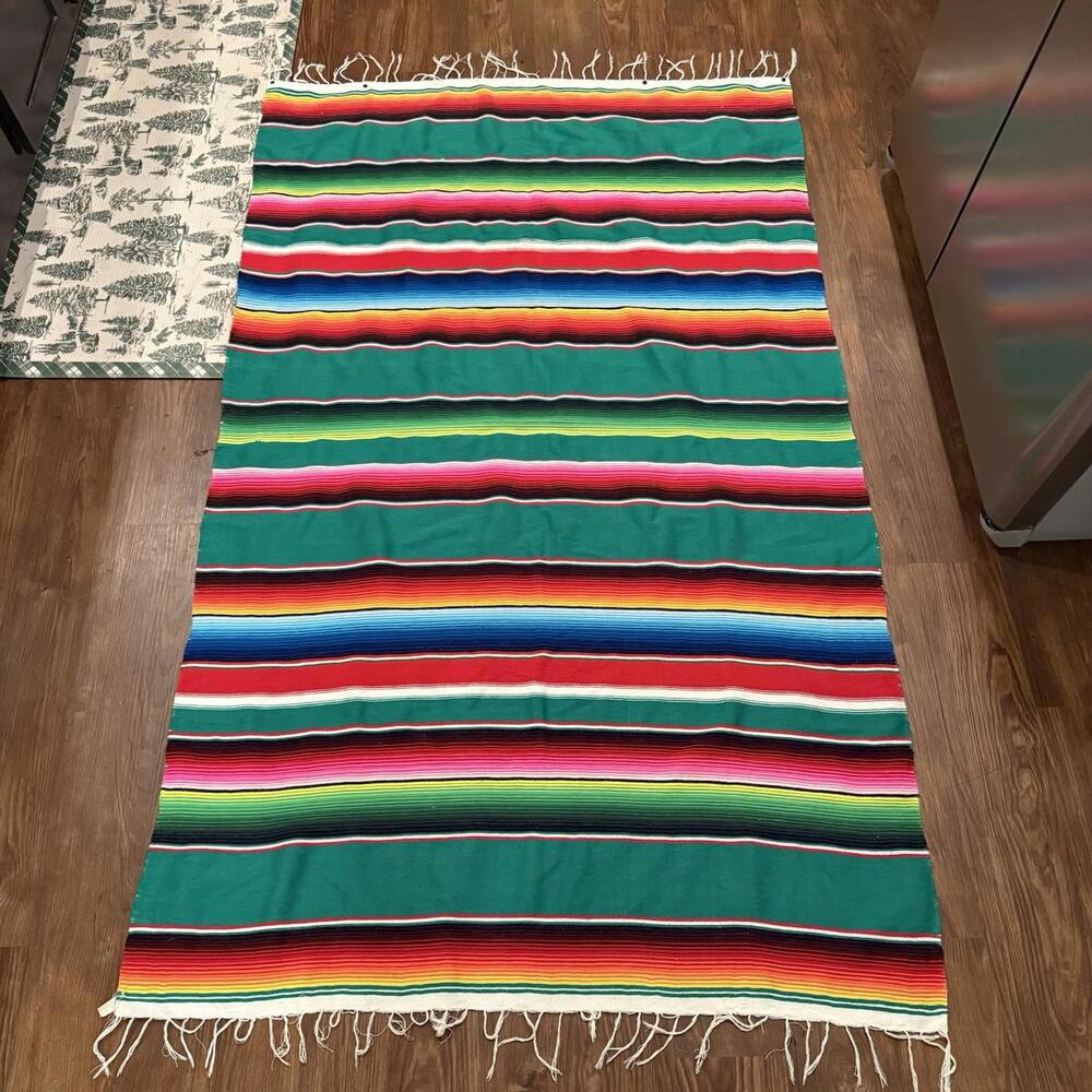 NWOT Vintage Mexican Serape Saltillo Blanket Woven Stripes Southwest Wool 76x47